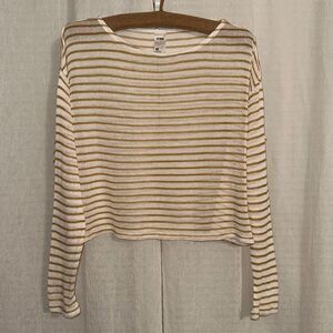 anko 10 Ivory Tan Lightweight Knit Striped Long Sleeve Cropped Sweater